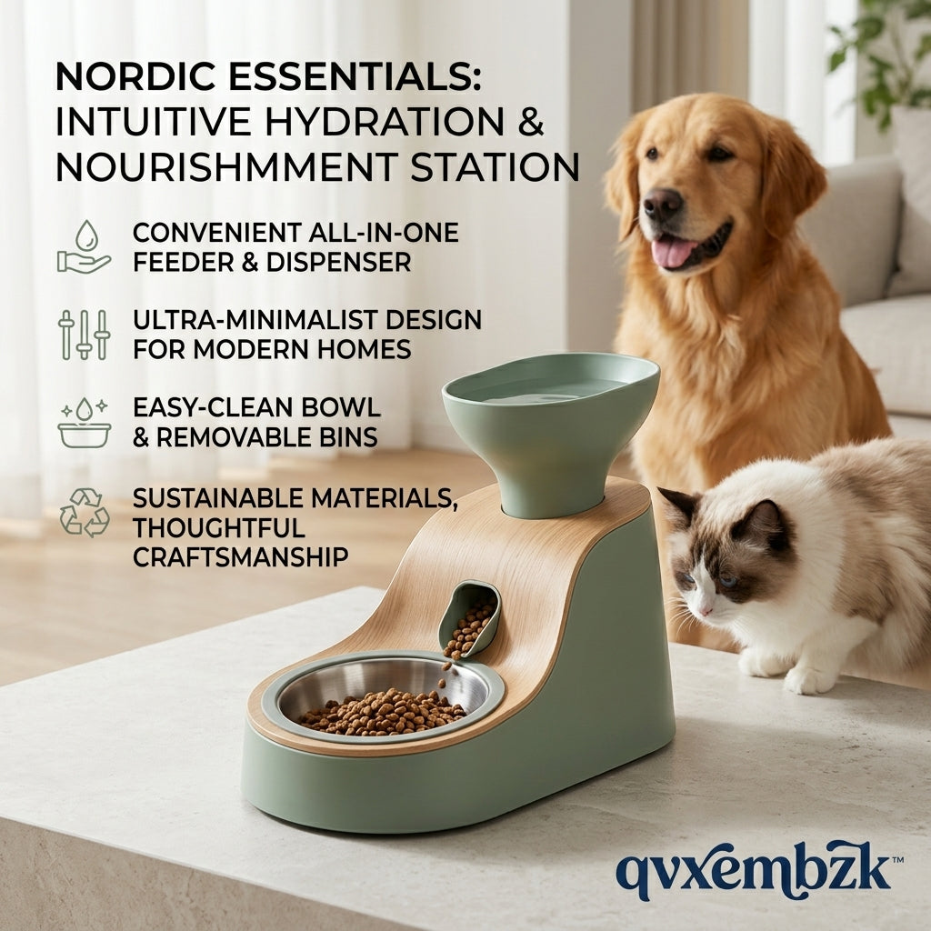 qvxembzk™ 2-in-1 Automatic Pet Feeder and Water Dispenser Combo - Nordic Minimalist Elevated Dog & Cat Feeding Station with Removable Stainless Steel Bowl & Eco-Friendly Wood Grain Accent - Sage Green