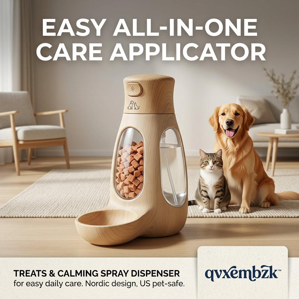 qvxembzk™ All-in-One Pet Treat Dispenser & Calming Spray | Nordic Design Dog & Cat Feeding Station, 2-in-1 Dry Food Bowl & Calming Mist Diffuser, US Pet-Safe Daily Care Applicator