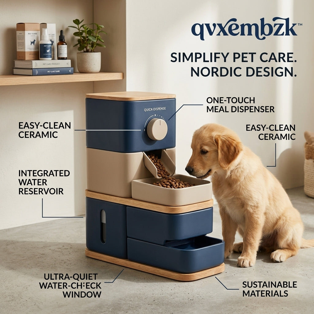 qvxembzk™ Nordic Ceramic Pet Feeder and Water Dispenser Station – 2-in-1 Automatic Cat & Dog Food Dispenser with Integrated Water Fountain, Sustainable Wood Base, Ultra-Quiet Water-Level Window & Easy-Clean Ceramic Bowls