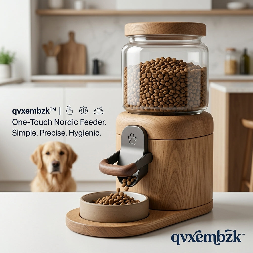 qvxembzk™ Premium Nordic Pet Feeder - Manual One-Touch Dog & Cat Food Dispenser with Glass Storage Jar, Wooden Base, and Ceramic Bowl | Precise Portion Control, Hygienic & Stylish Pet Feeding Station