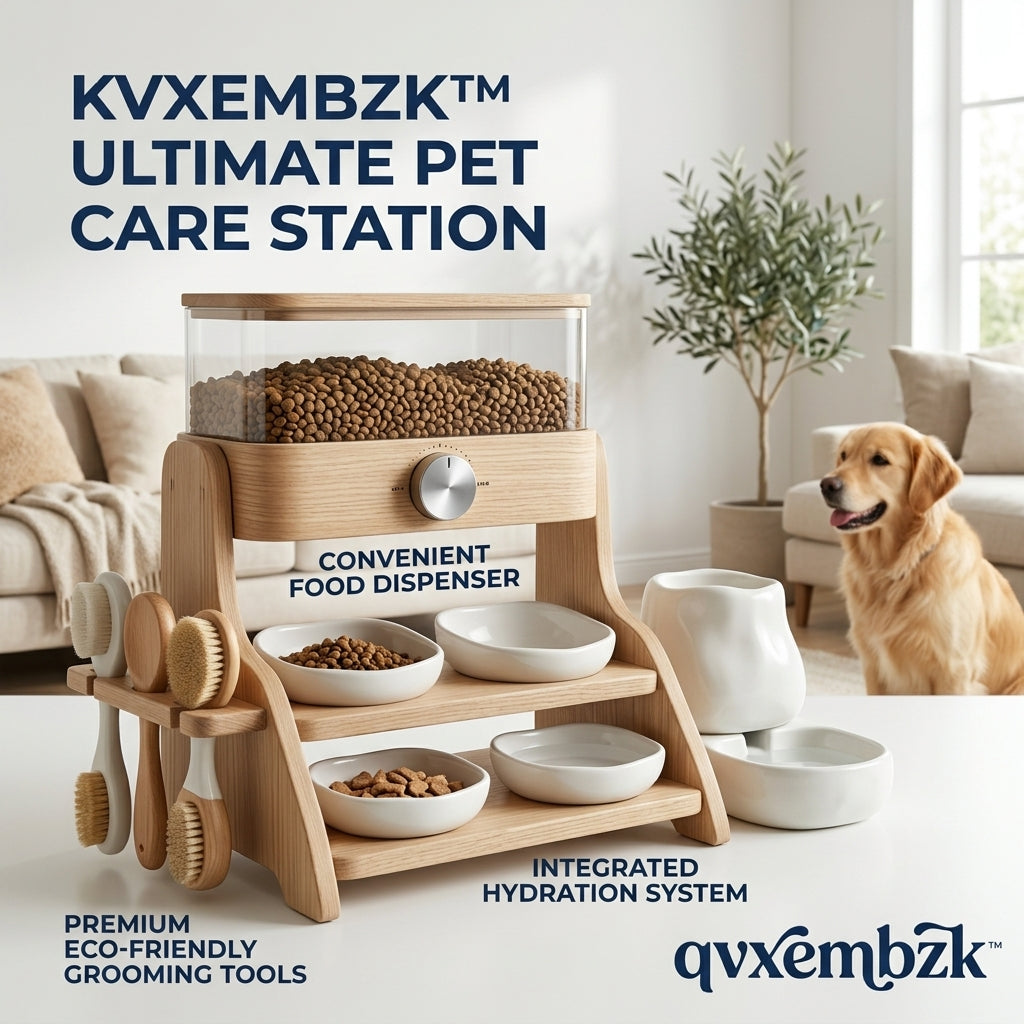 qvxembzk™ Multi-Functional Luxury Pet Care Station – Premium Wooden Dog & Cat Feeding Hub with Convenient Food Dispenser, Ceramic Bowls, Integrated Water Fountain, and Eco-Friendly Grooming Brush Set