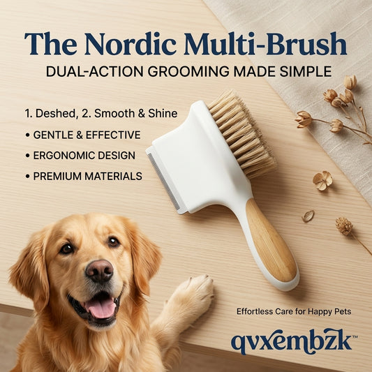 qvxembzk™ Nordic Multi-Brush 2-in-1 Dog and Cat Grooming Brush - Dual-Action Undercoat Deshedding Tool & Soft Bristle Comb for Smoothing & Shine, Ergonomic Wooden Handle Pet Brush for All Coat Types