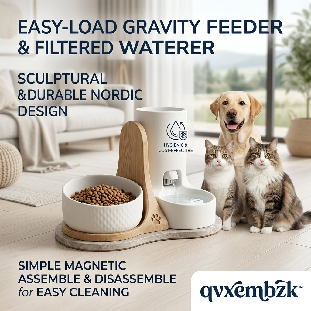 qvxembzk™ 2-in-1 Gravity Pet Feeder and Filtered Water Fountain Set - Sculptural Nordic Design Automatic Dog & Cat Food Bowl and Water Dispenser, Magnetic Assembly for Easy Cleaning