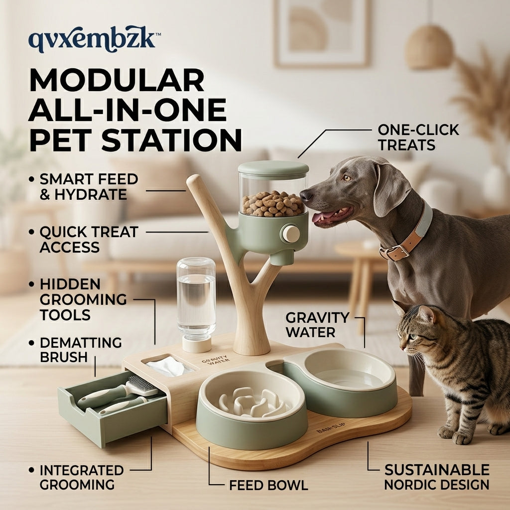 qvxembzk™ Modular All-in-One Pet Station - Aesthetic Nordic Wood Dog & Cat Feeder with Gravity Water Dispenser, Slow Feeder Bowl, One-Click Treat Dispenser, and Integrated Grooming Organizer Drawer